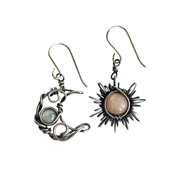 Brown Sun & Crescent Earrings artificial gems & alloy/copper metal - Picture 1 of 1